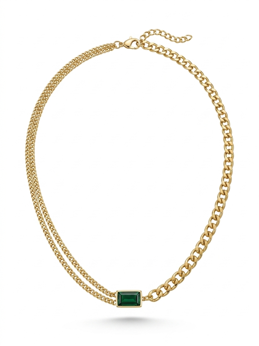 Elegant Gold stainless steel Chain Necklace with Emerald-Cut Green Pendant