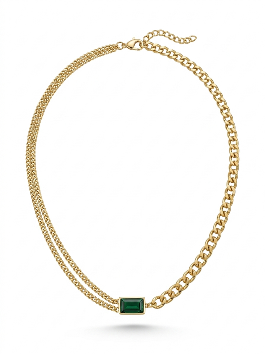 Elegant Gold stainless steel Chain Necklace with Emerald-Cut Green Pendant