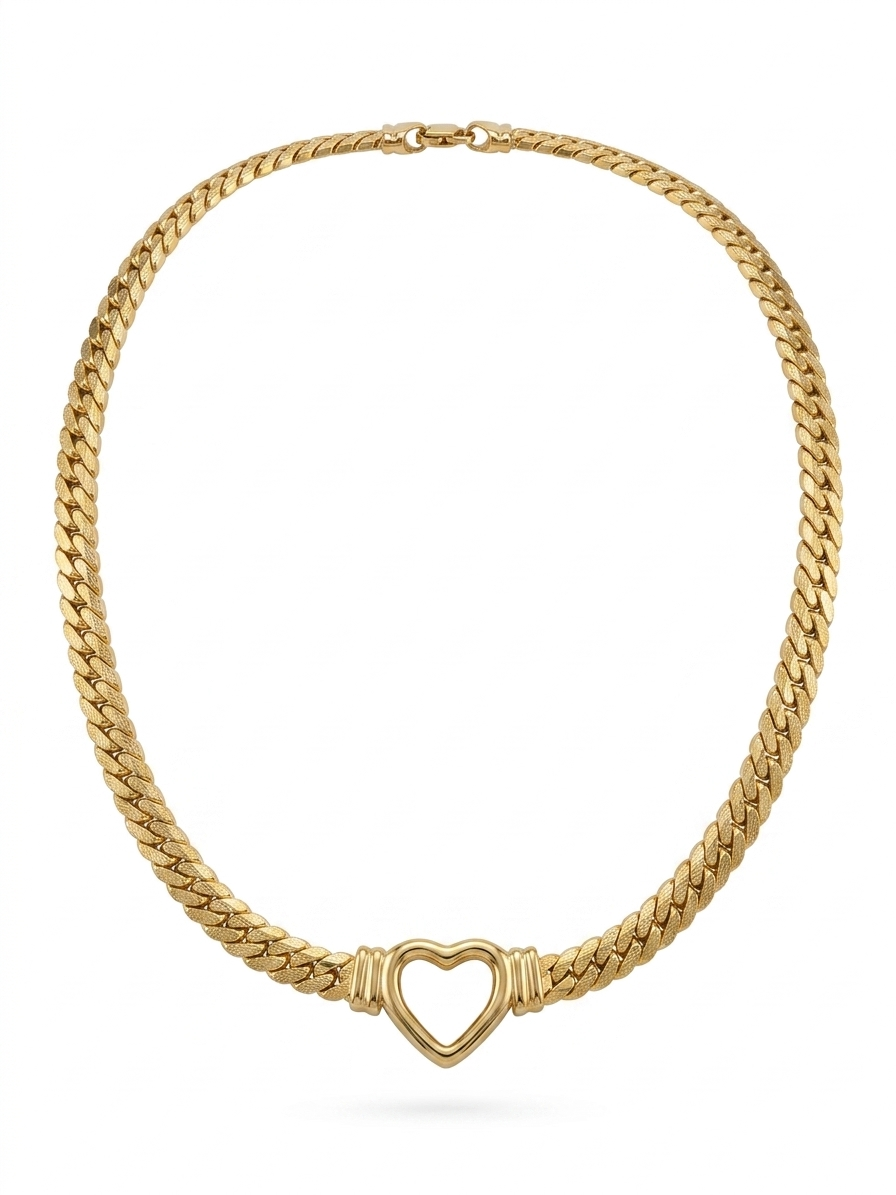 Classic Gold Curb Link Necklace with Heart Pendant