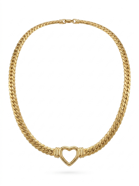 Classic Gold Cuban Link Necklace with Heart Pendant