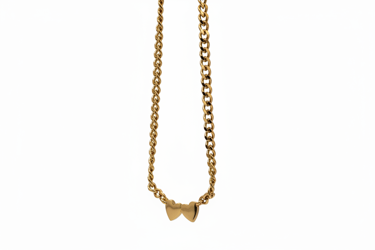 18K PVD Stainless Steel Engravable 2 Hearts on Curb Chain Necklace